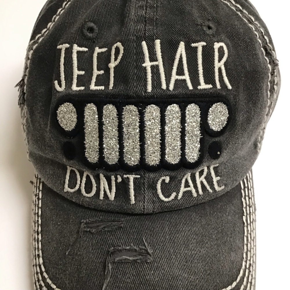Jeep Hair Don’t Care Baseball Cap Gray Distress Hat Adjust Bling Grille Vintage - Picture 13 of 13